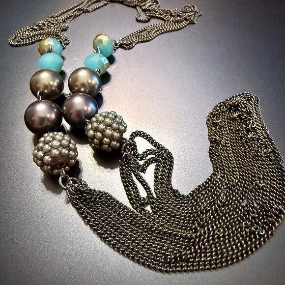 Roman Long Multi-Strand Gun Metal Blue Beaded Chain Necklace - Picture 5 of 7